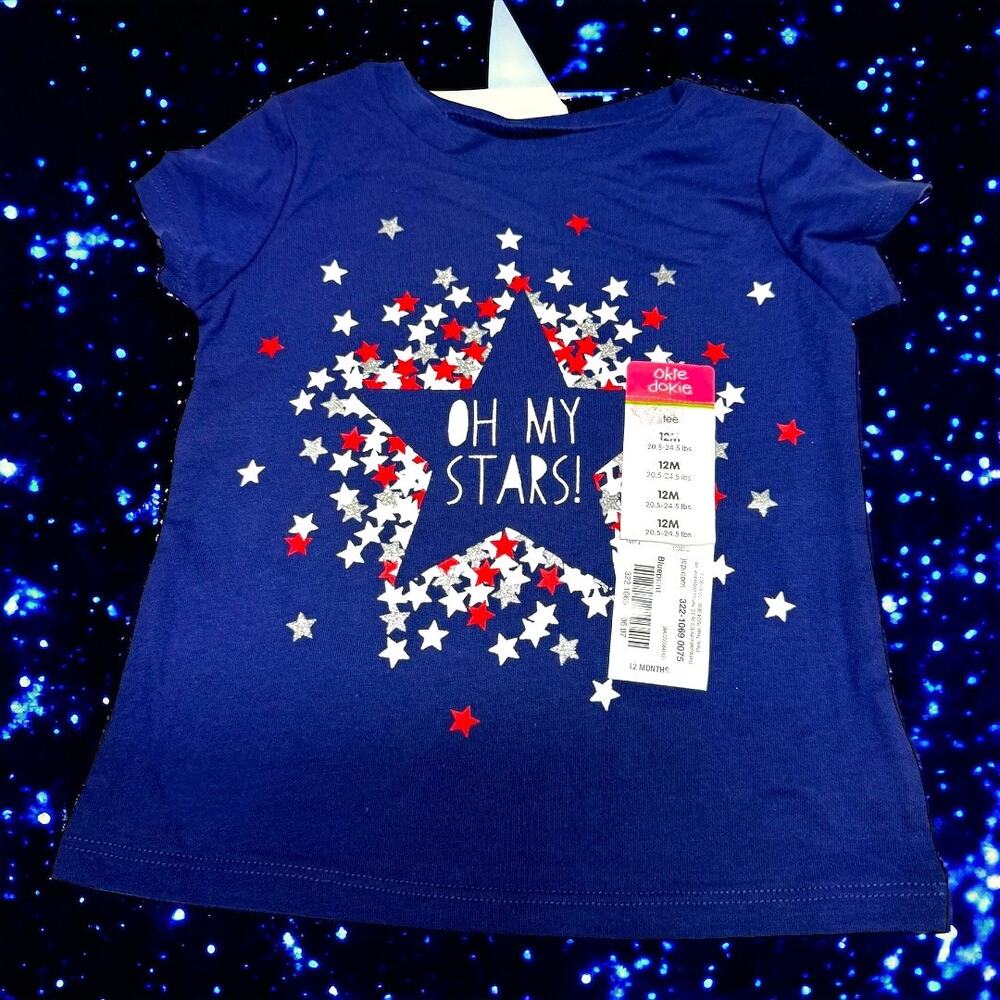 Okie Dokie Girls Top Sz 12 Mo Navy Blue‎ Oh My Stars Patriotic Red White NEW